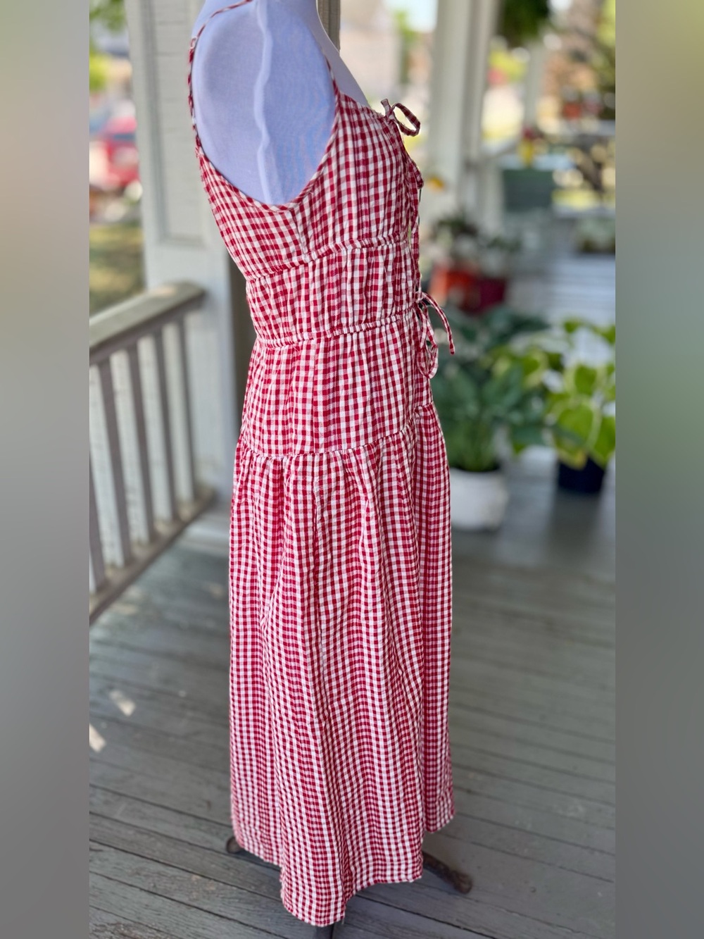 Red Gingham Maxi Dress with Tie-Front Detail - Picture 5 of 8